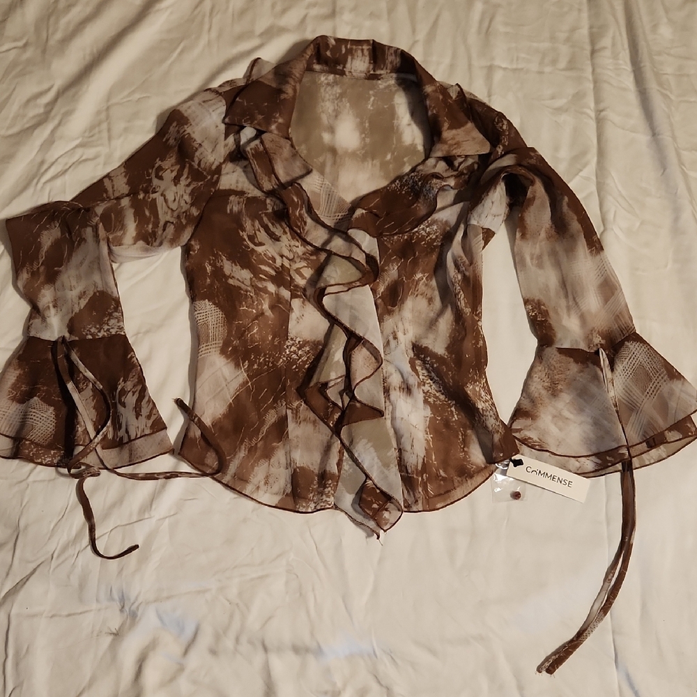 Commense Brown and White Sheer Blouse
